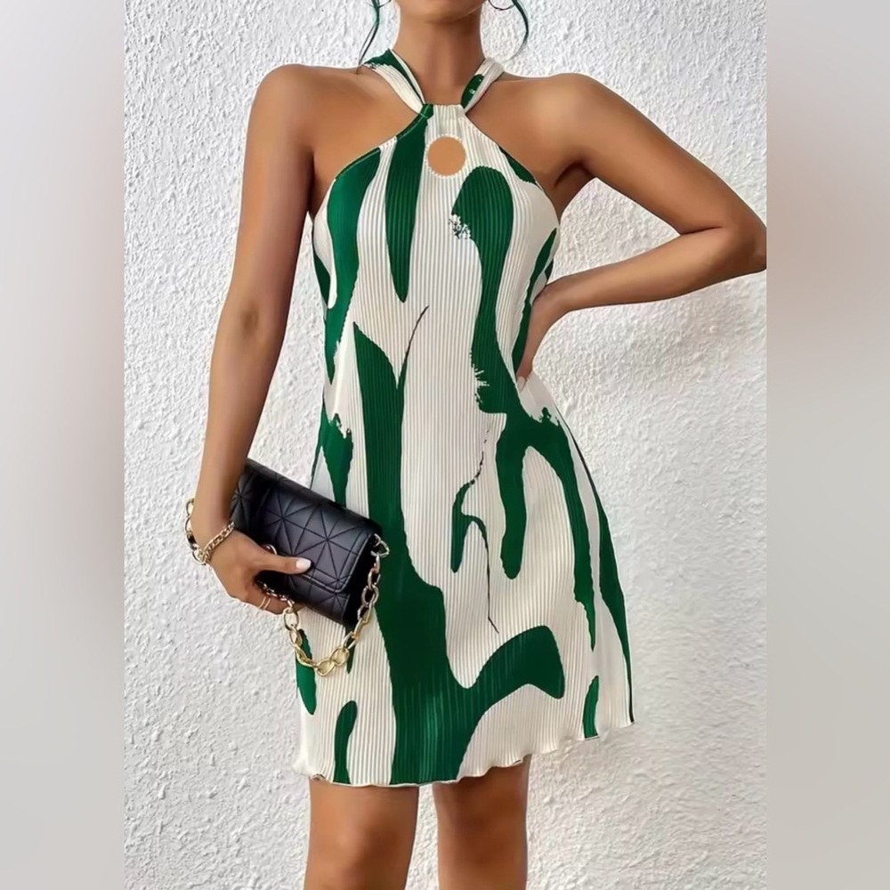 Elegant Green and White Halter Dress